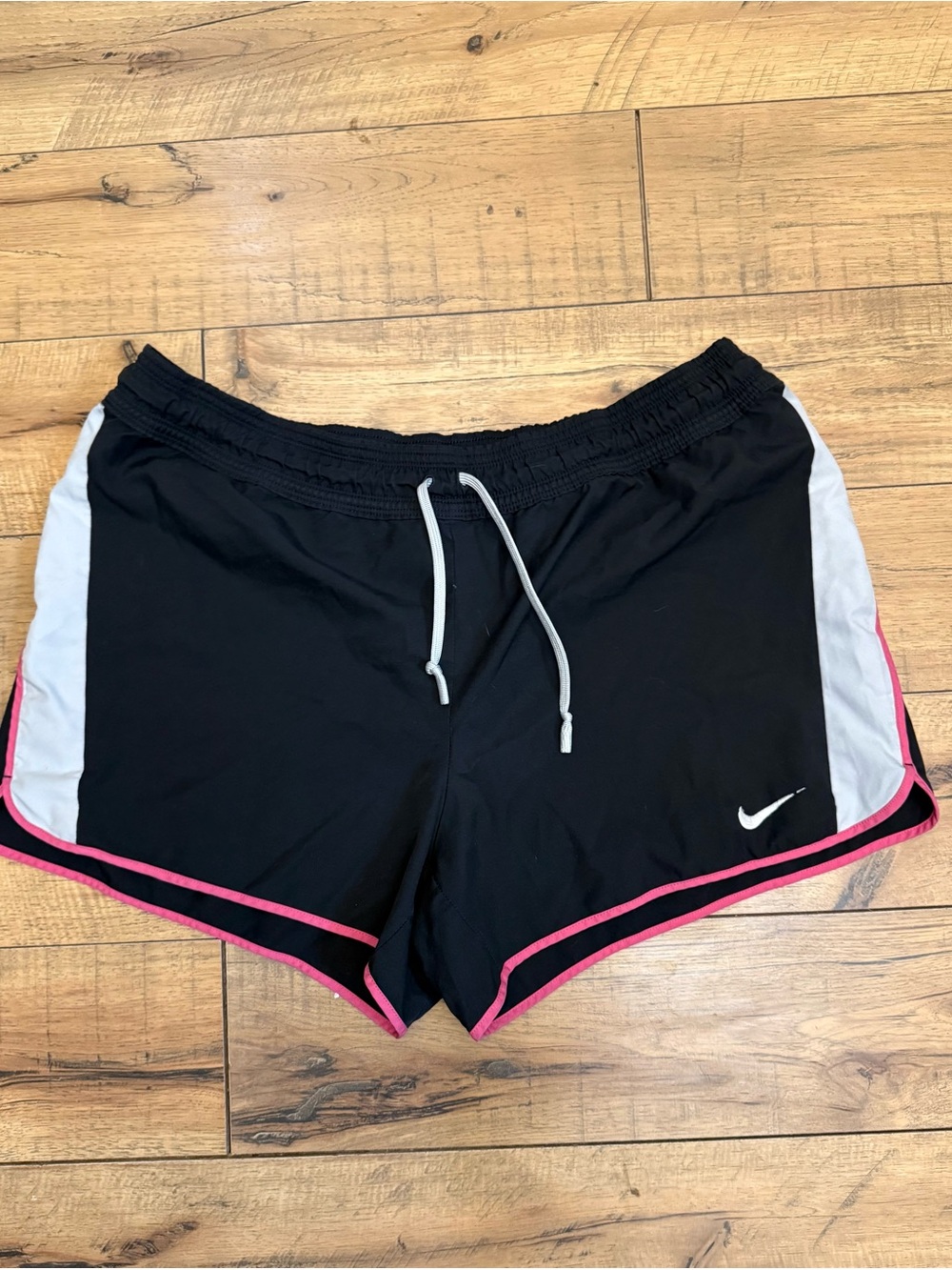 Nike Women's Black Running Shorts with Pink Trim and White Panels